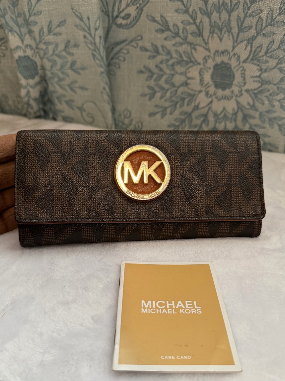 Michael Kors Dark Brown Signature MK Continental Wallet with Gold Emblem